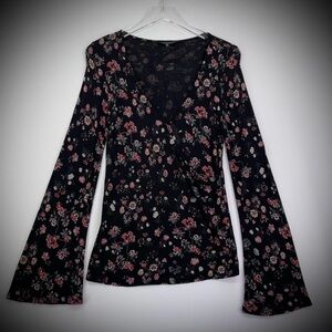 Lucky Brand Women’s V-Neck Faux Wrap Top Boho Floral Long Bell Sleeve Size M